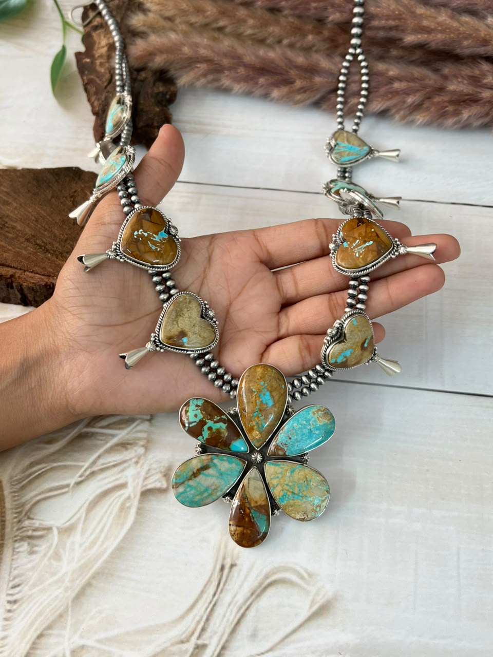 Handmade Sterling Silver Royston Ribbon Turquoise Collection: Squash Blossom Beaded Necklace Signed Nizhoni