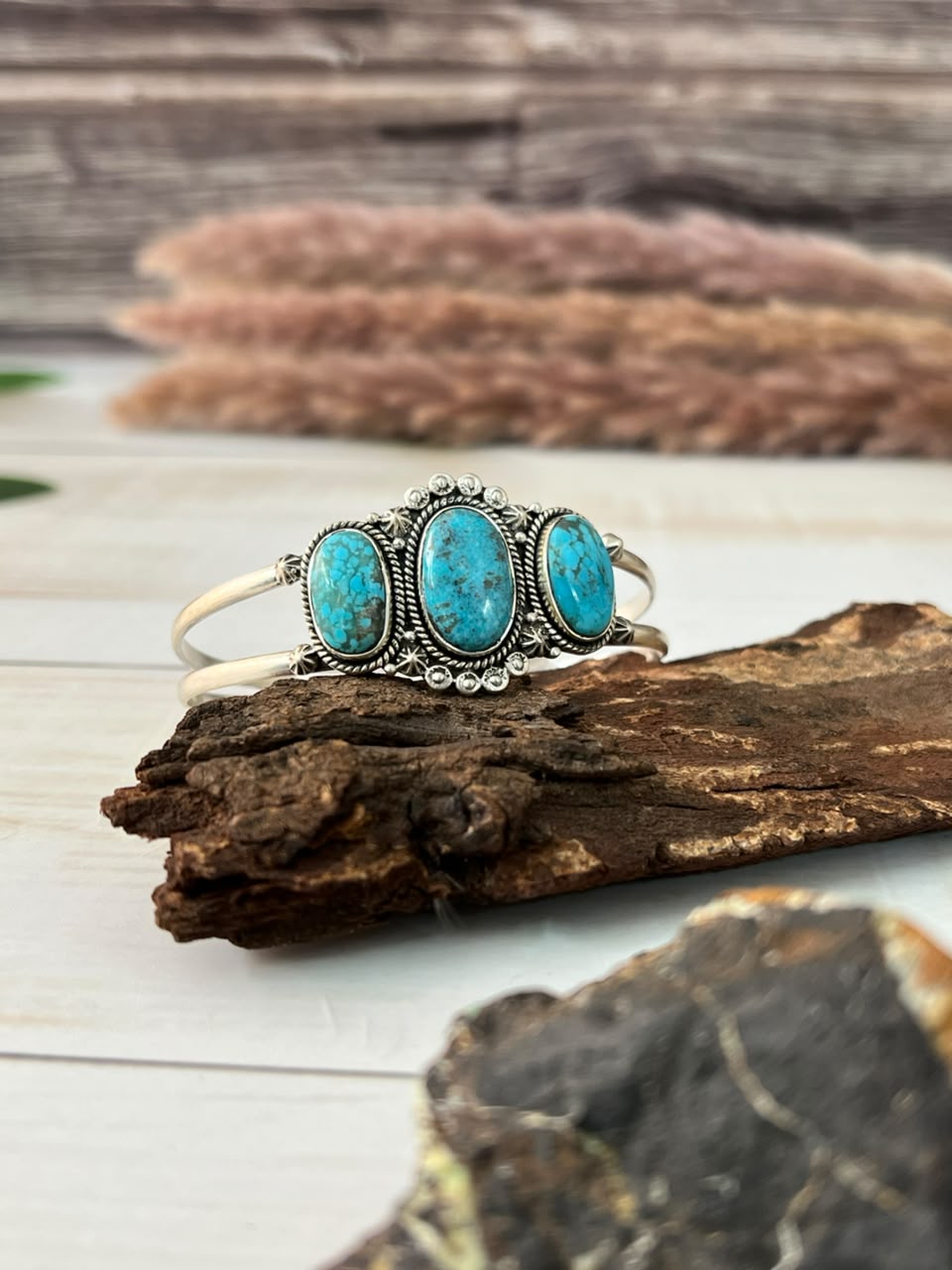 Handmade Sterling Silver Ithaca Peak Turquoise Cuff Bracelet Signed Nizhoni