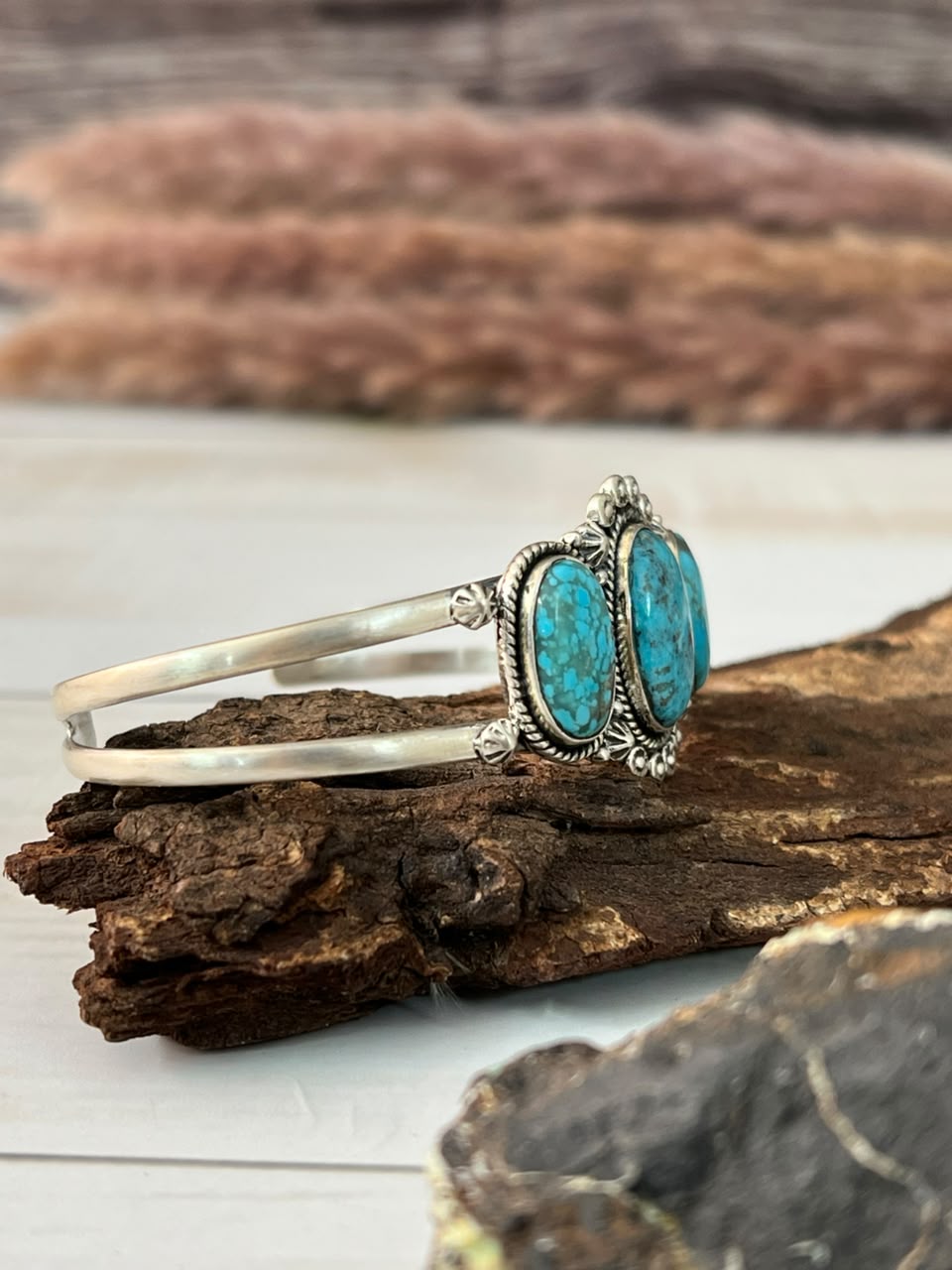 Handmade Sterling Silver Ithaca Peak Turquoise Cuff Bracelet Signed Nizhoni