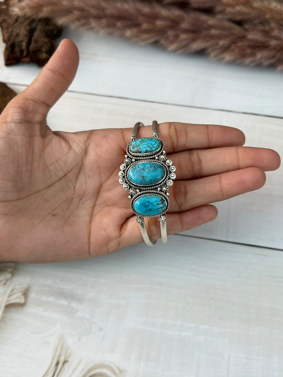 Handmade Sterling Silver Ithaca Peak Turquoise Cuff Bracelet Signed Nizhoni