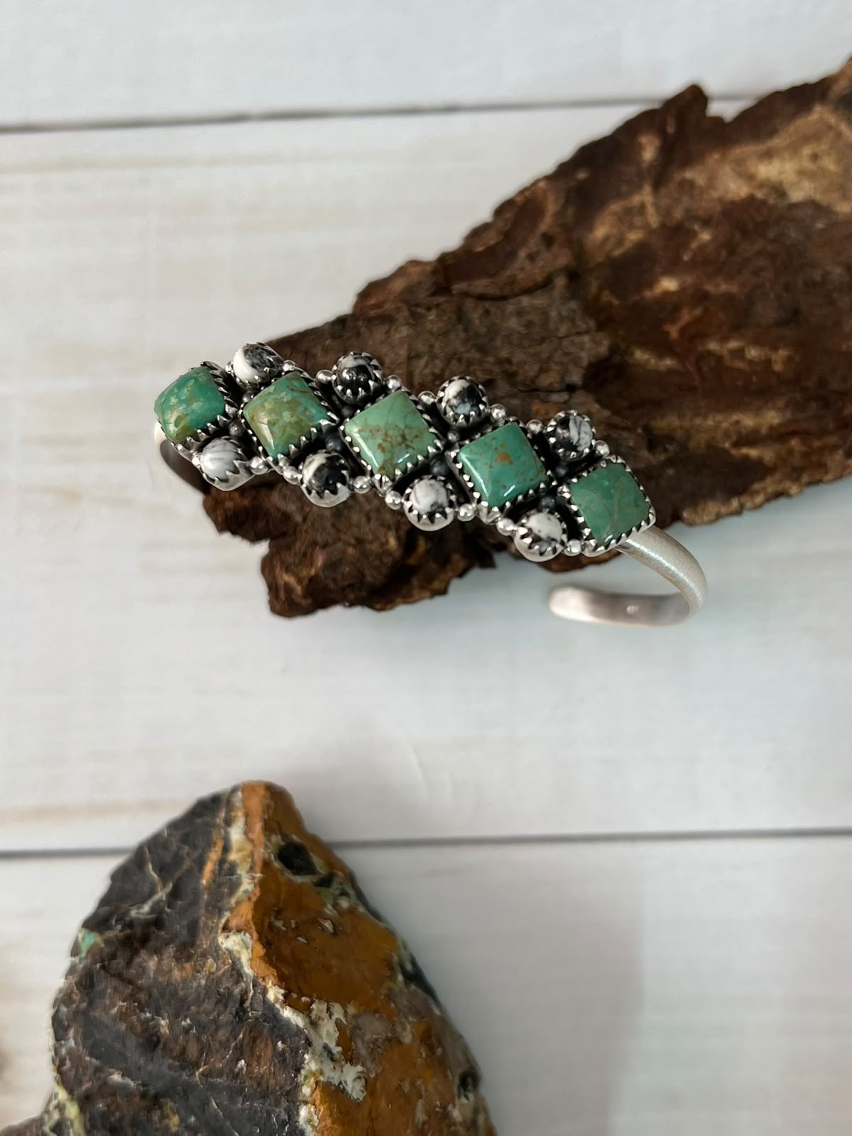 Handmade Sterling Silver Royston Turquoise with White Buffalo Cuff Bracelet Signed Nizhoni
