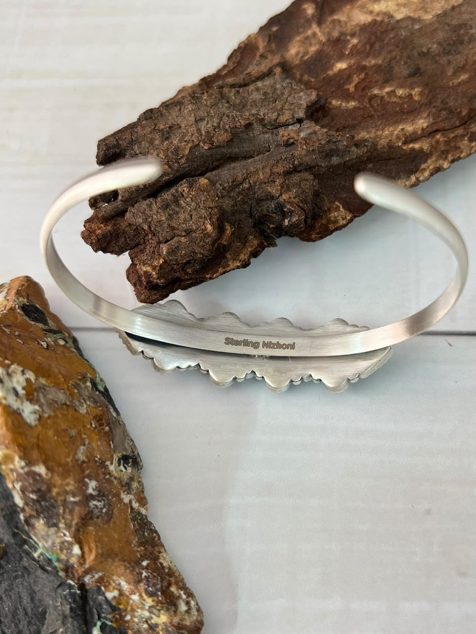 Handmade Sterling Silver Royston Turquoise with White Buffalo Cuff Bracelet Signed Nizhoni