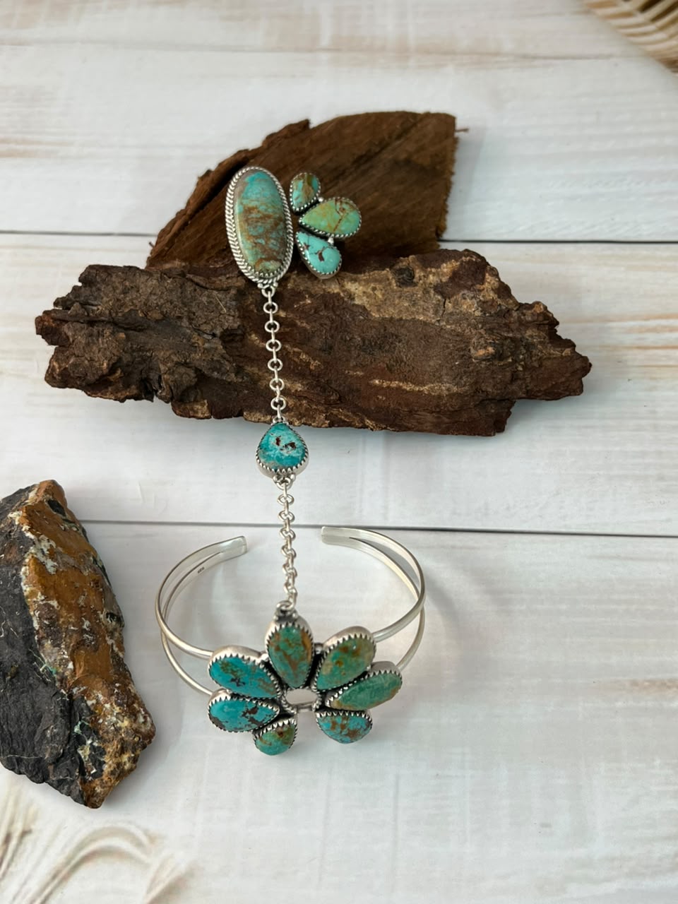 Handmade Sterling Silver Royston Turquoise Hand Harness Signed Nizhoni