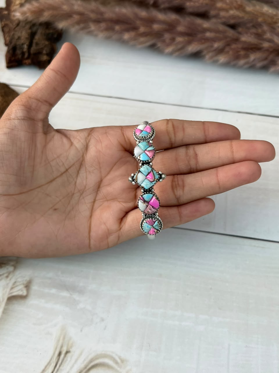 Handmade Sterling Silver Cotton Candy Cobble Stone Cuff Bracelet Signed Nizhoni