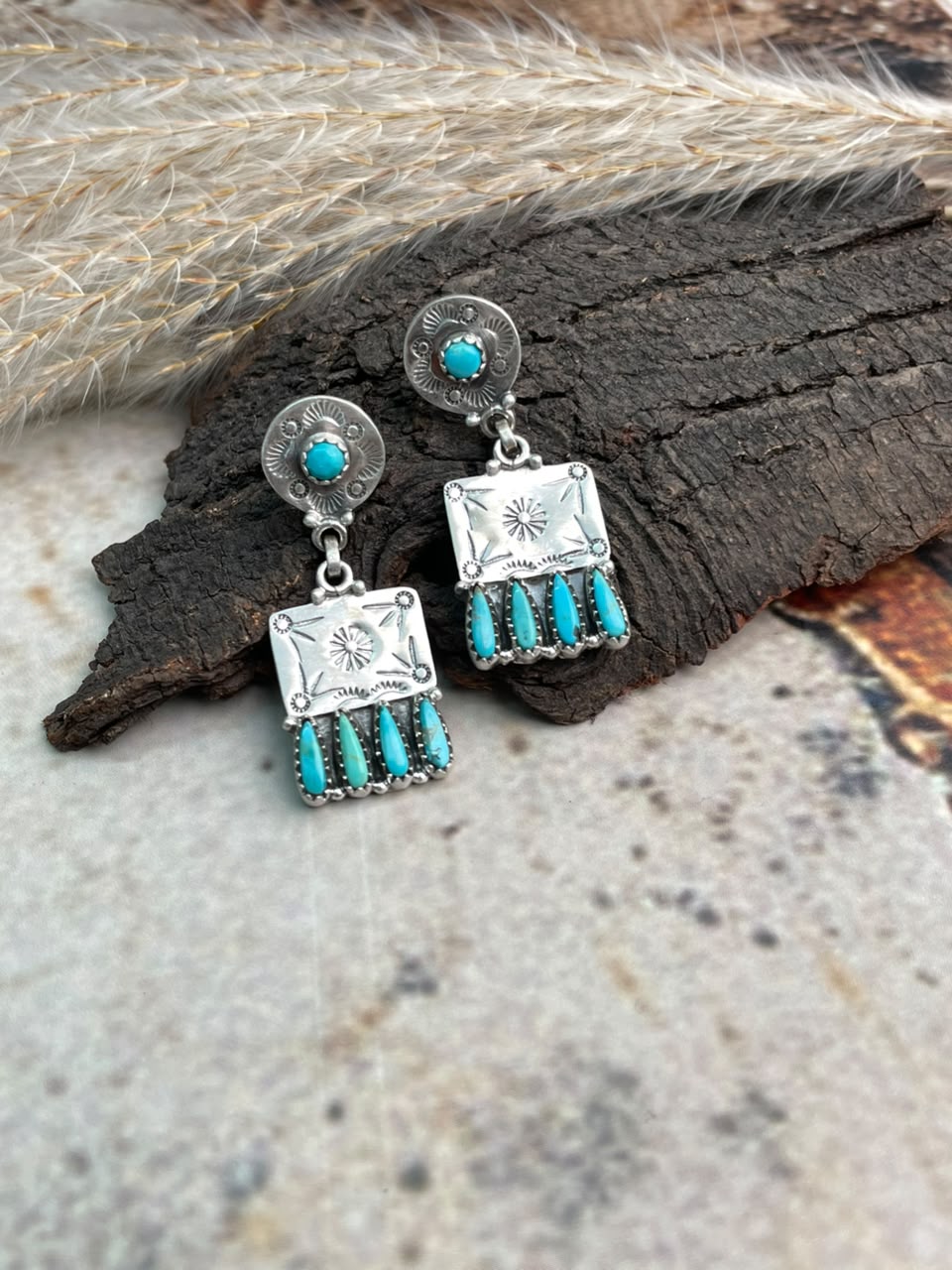 Handmade Sterling Silver Kingman Turquoise Post Dangle Earrings Signed Nizhoni