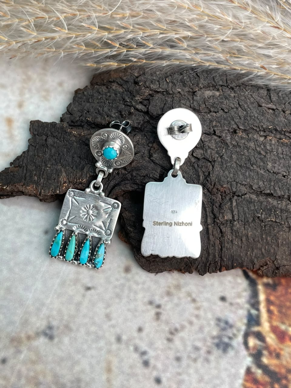 Handmade Sterling Silver Kingman Turquoise Post Dangle Earrings Signed Nizhoni
