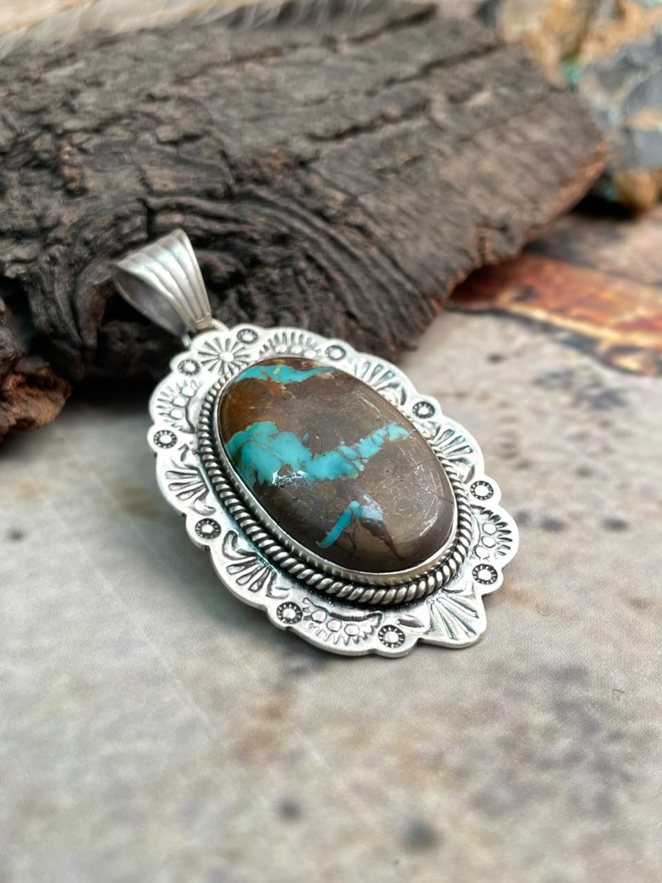 Handmade Sterling Silver Royston Ribbon Turquoise Collection: Pendant Signed Nizhoni