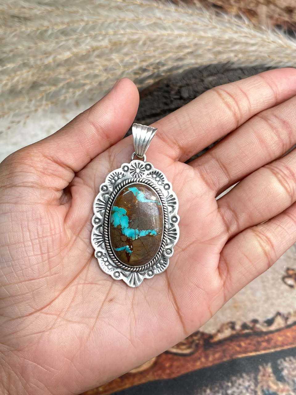 Handmade Sterling Silver Royston Ribbon Turquoise Collection: Pendant Signed Nizhoni