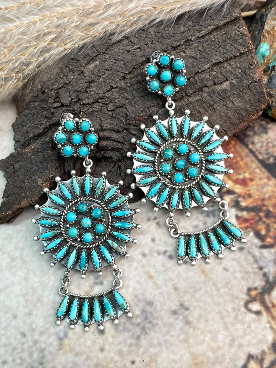 Handmade Sterling Silver Kingman Turquoise Post Dangle Earrings Signed Nizhoni