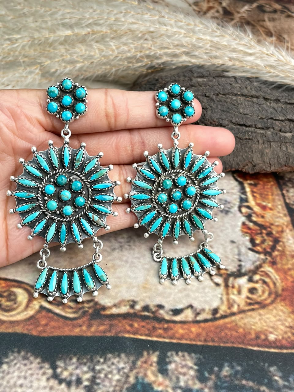 Handmade Sterling Silver Kingman Turquoise Post Dangle Earrings Signed Nizhoni