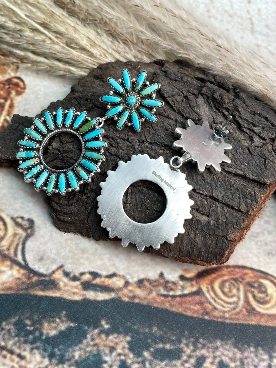 Handmade Sterling Silver Kingman Turquoise Post Dangle Earrings Signed Nizhoni