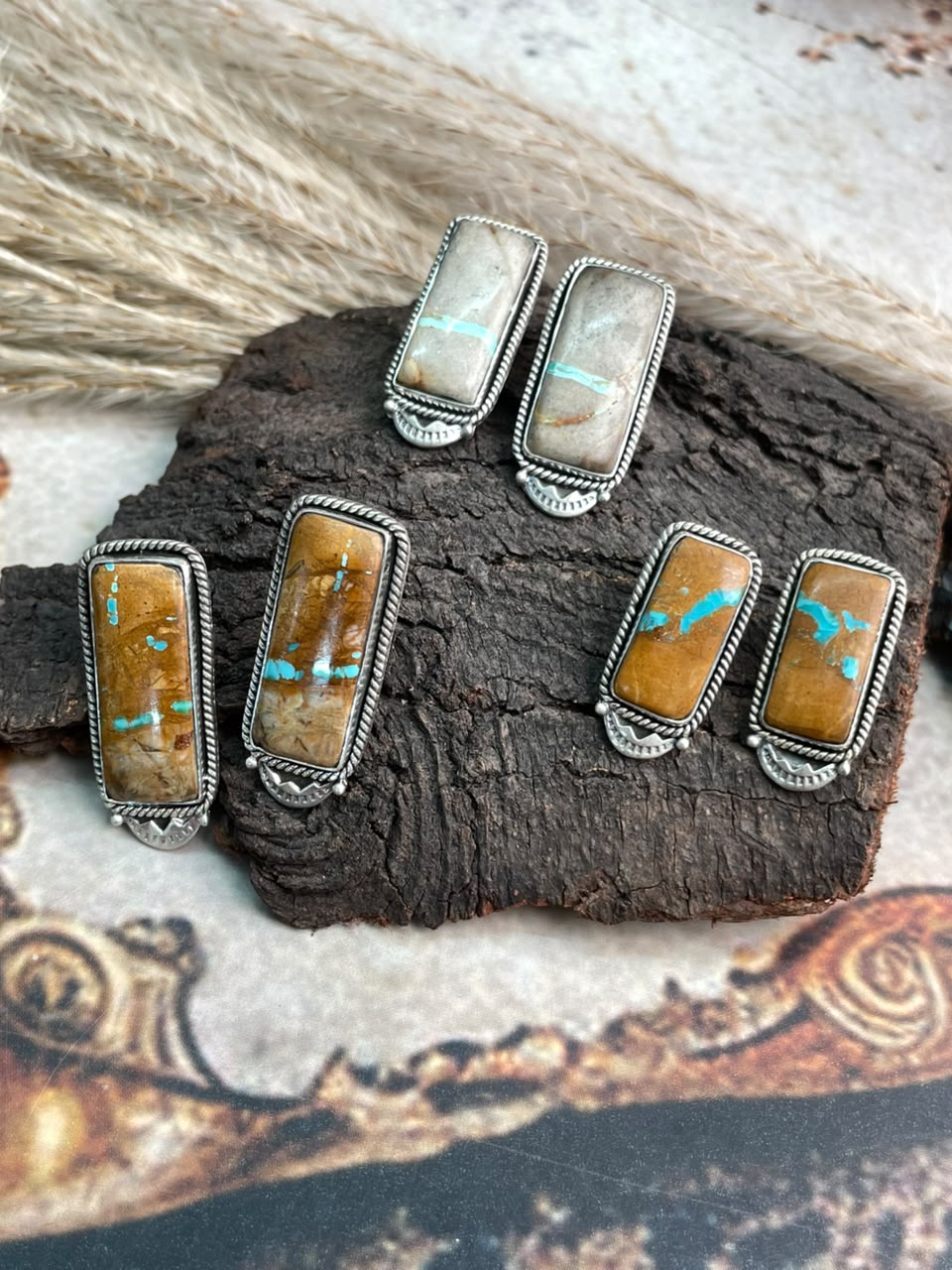 Handmade Sterling Silver Royston Ribbon Turquoise Collection: Post Studs Earrings Signed Nizhoni