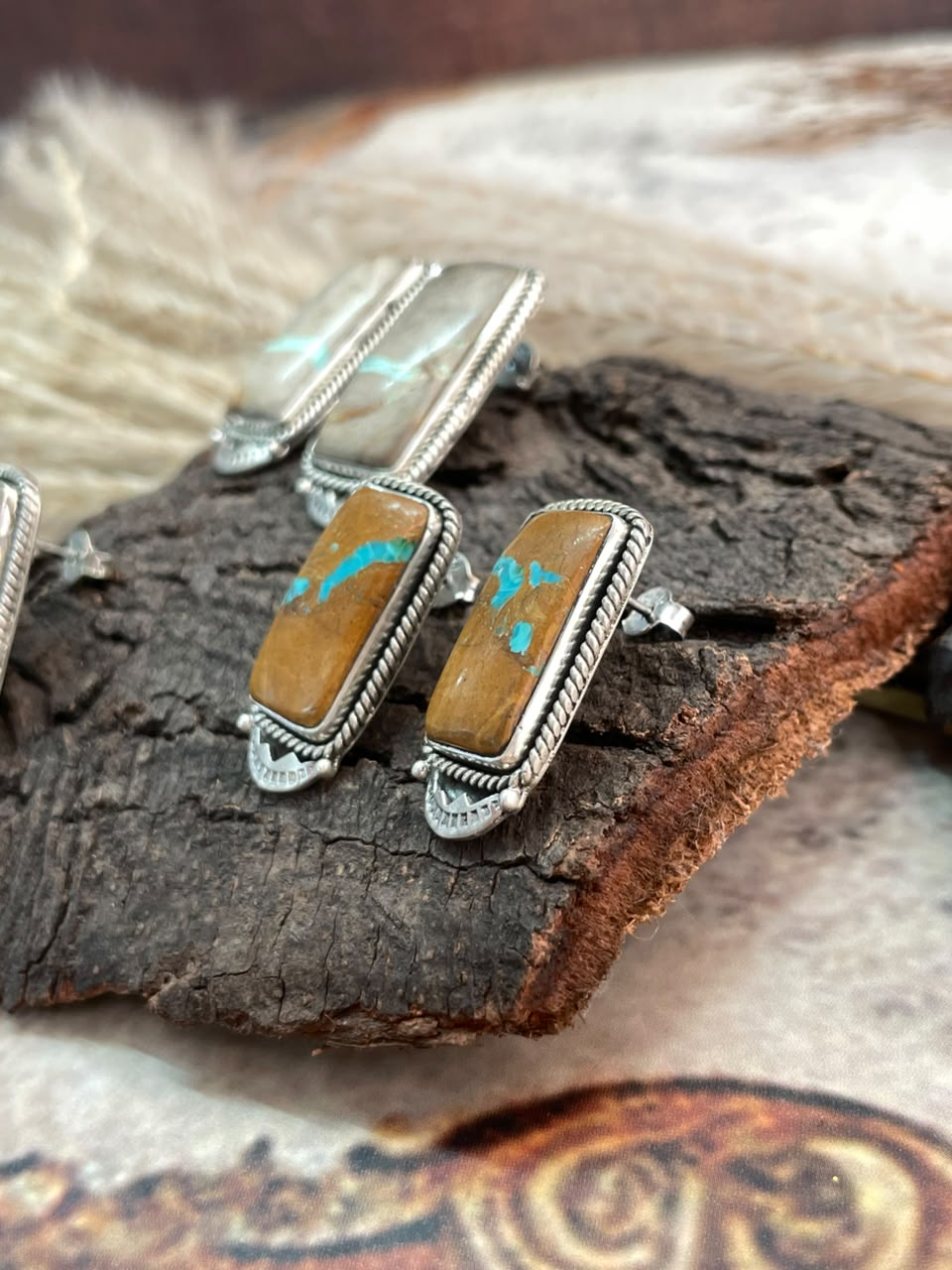 Handmade Sterling Silver Royston Ribbon Turquoise Collection: Post Studs Earrings Signed Nizhoni