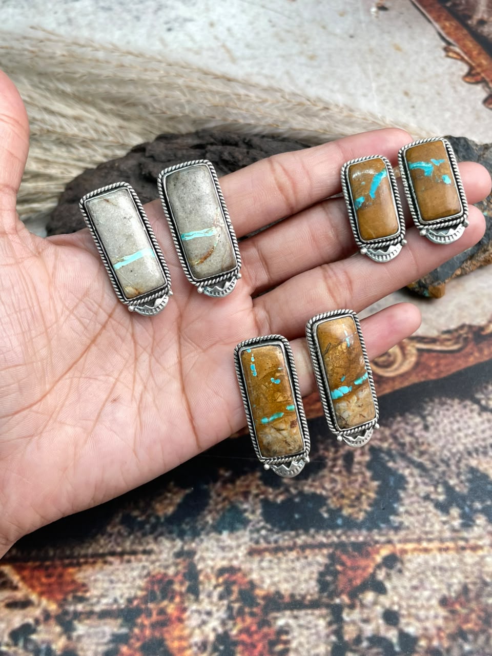 Handmade Sterling Silver Royston Ribbon Turquoise Collection: Post Studs Earrings Signed Nizhoni