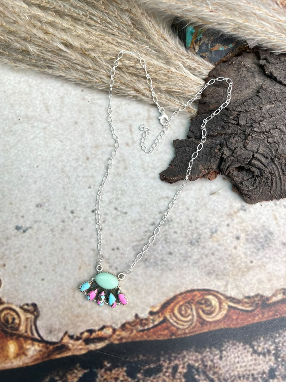 Handmade Sterling Silver Paloma Turquoise with Cotton Candy Necklace Signed Nizhoni