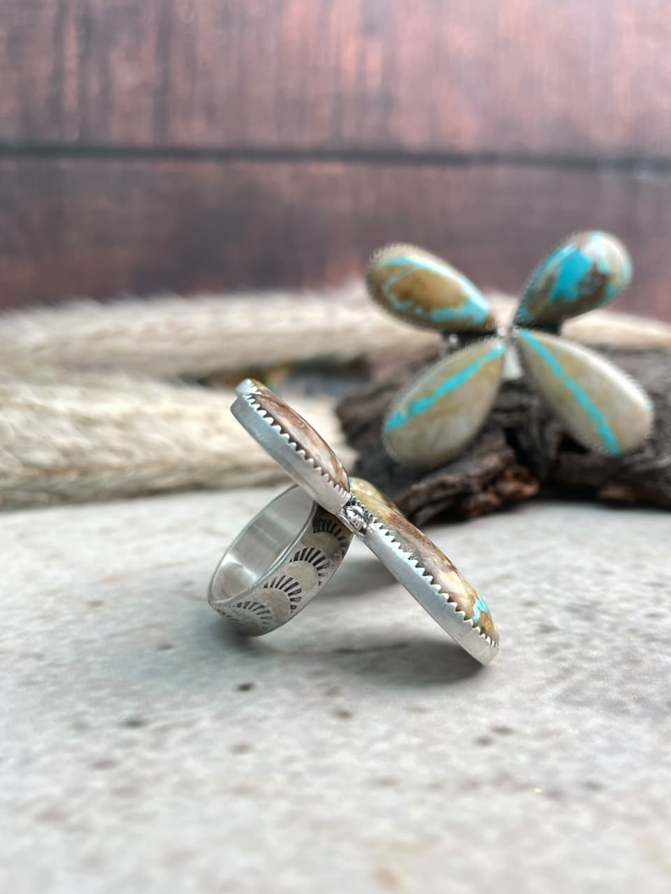 Handmade Sterling Silver Royston Ribbon Turquoise Collection: Adjustable Ring Signed Nizhoni
