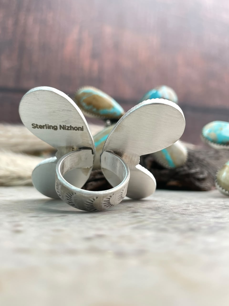 Handmade Sterling Silver Royston Ribbon Turquoise Collection: Adjustable Ring Signed Nizhoni