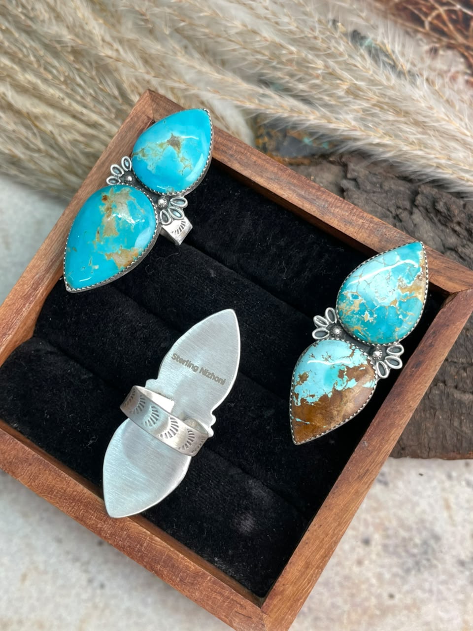 Handmade Sterling Silver Royston Ribbon Turquoise Collection: Adjustable Ring Signed Nizhoni