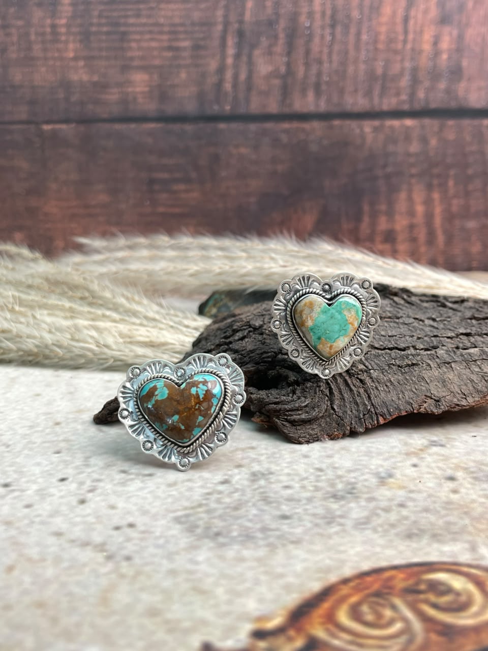 Handmade Sterling Silver Royston Ribbon Turquoise Collection: Heart Adjustable Ring Signed Nizhoni