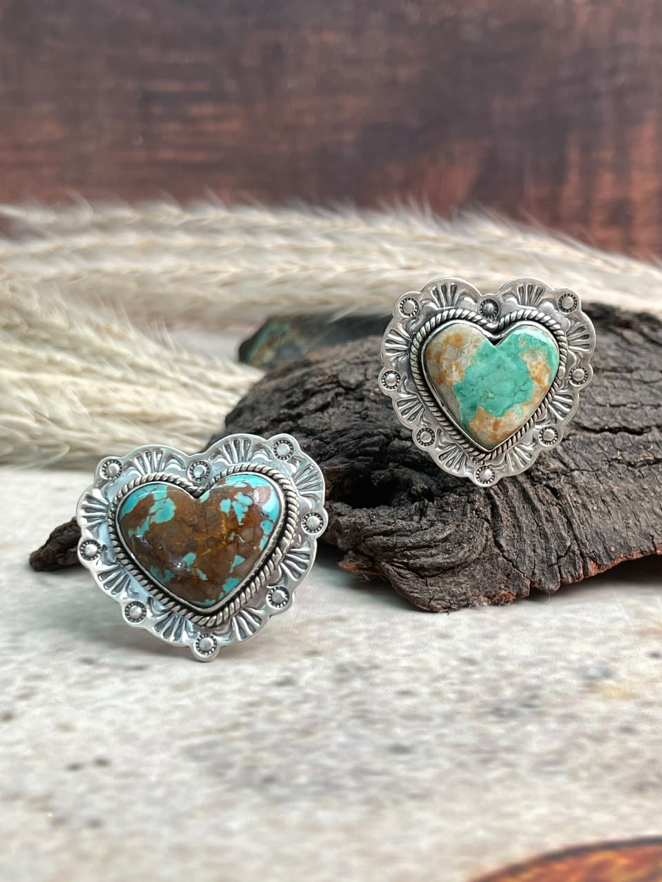 Handmade Sterling Silver Royston Ribbon Turquoise Collection: Heart Adjustable Ring Signed Nizhoni
