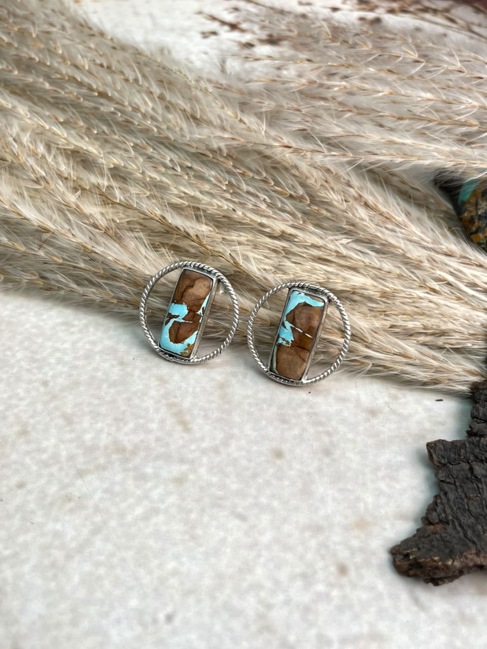 Handmade Sterling Silver Royston Ribbon Turquoise Collection: Post Studs Earrings Signed Nizhoni