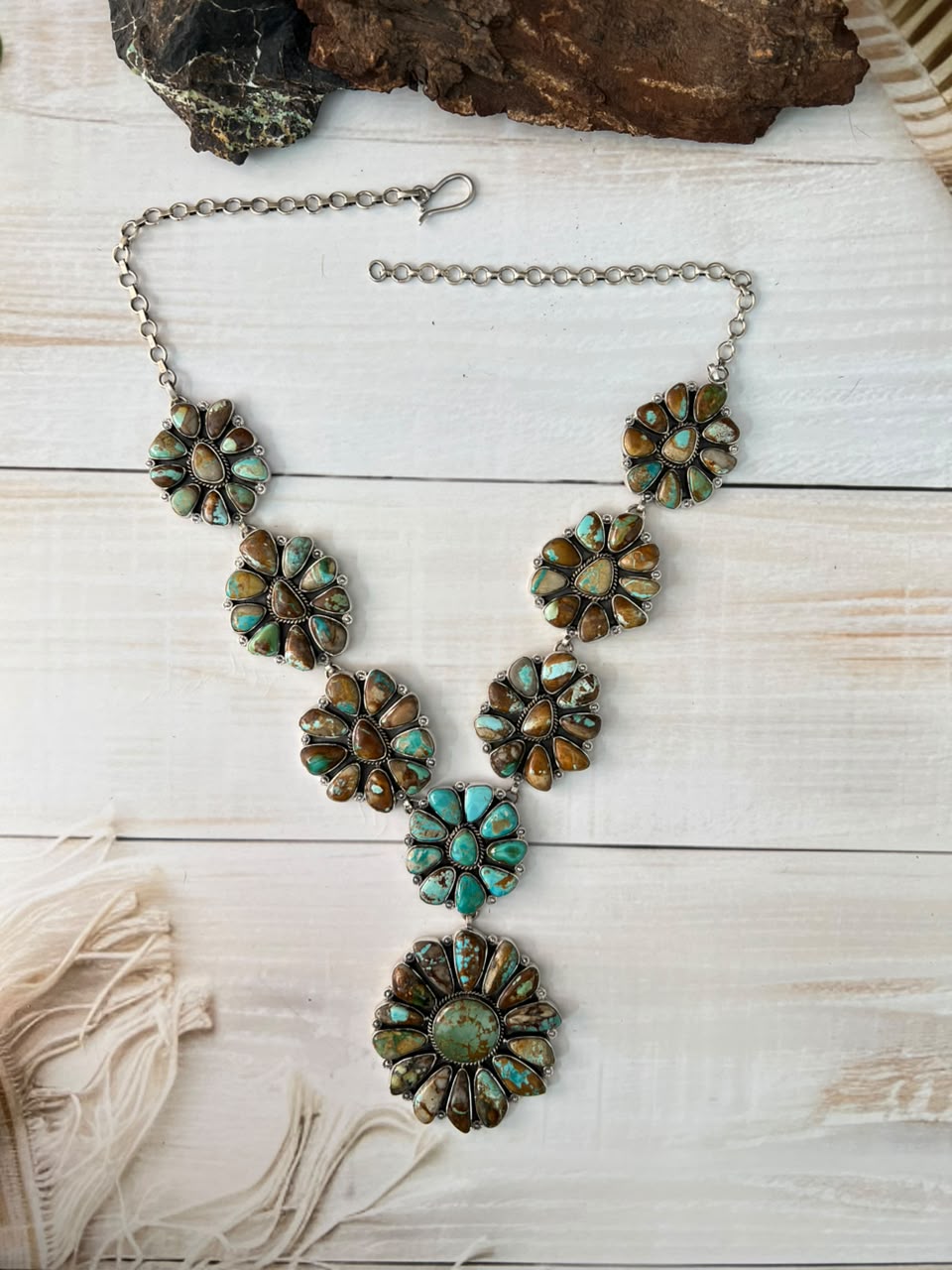 Handmade Sterling Silver Royston Ribbon Turquoise Collection: Cluster Lariat Necklace Signed Nizhoni