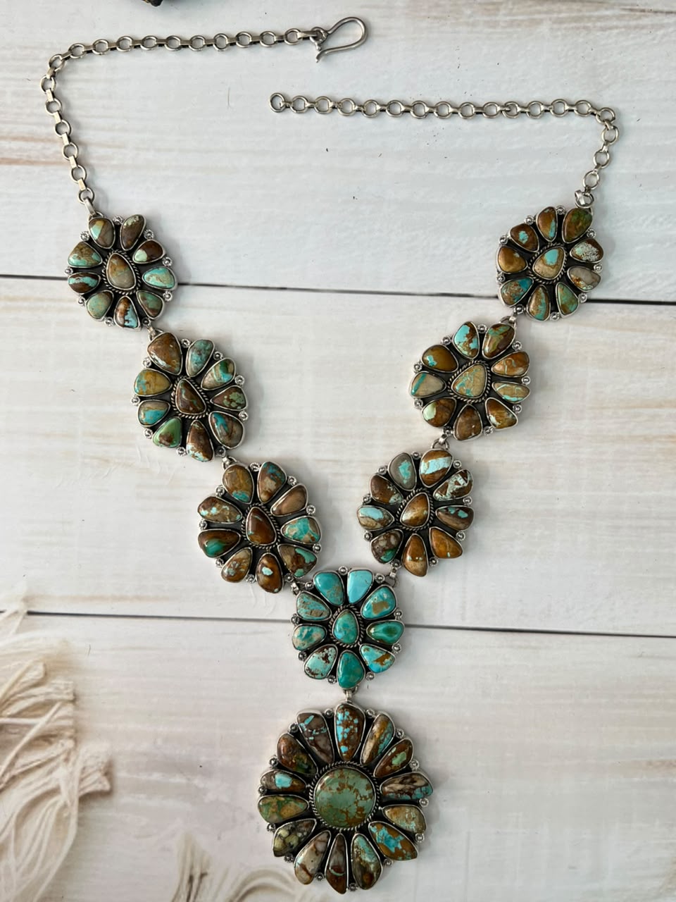 Handmade Sterling Silver Royston Ribbon Turquoise Collection: Cluster Lariat Necklace Signed Nizhoni
