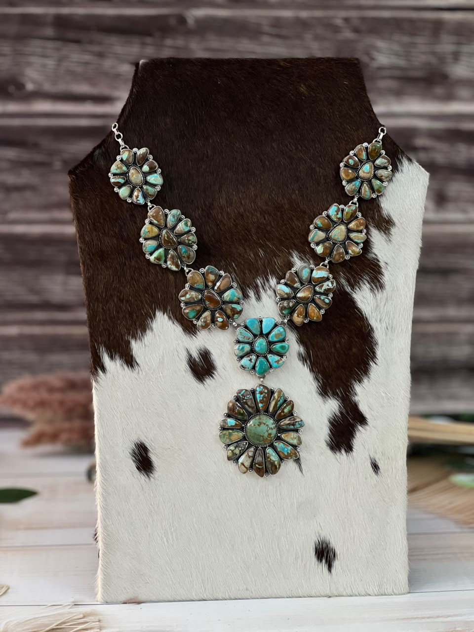 Handmade Sterling Silver Royston Ribbon Turquoise Collection: Cluster Lariat Necklace Signed Nizhoni