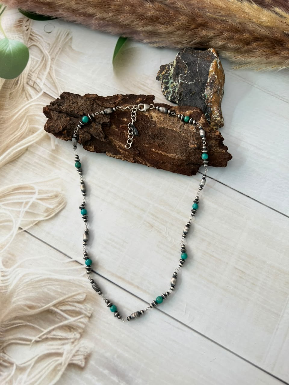 Handmade Sterling Silver Kingman Turquoise Beaded Necklace Signed Nizhoni