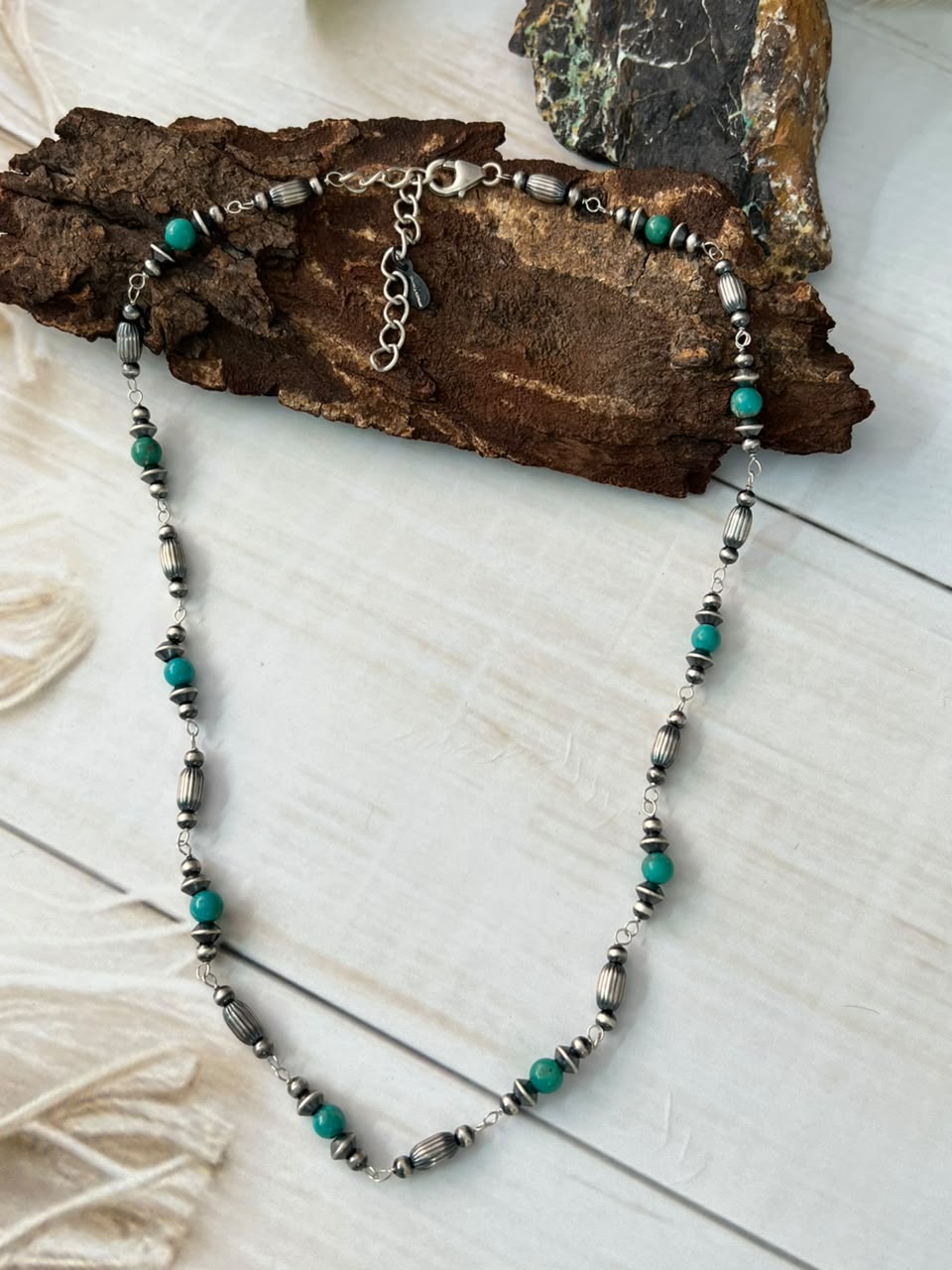 Handmade Sterling Silver Kingman Turquoise Beaded Necklace Signed Nizhoni