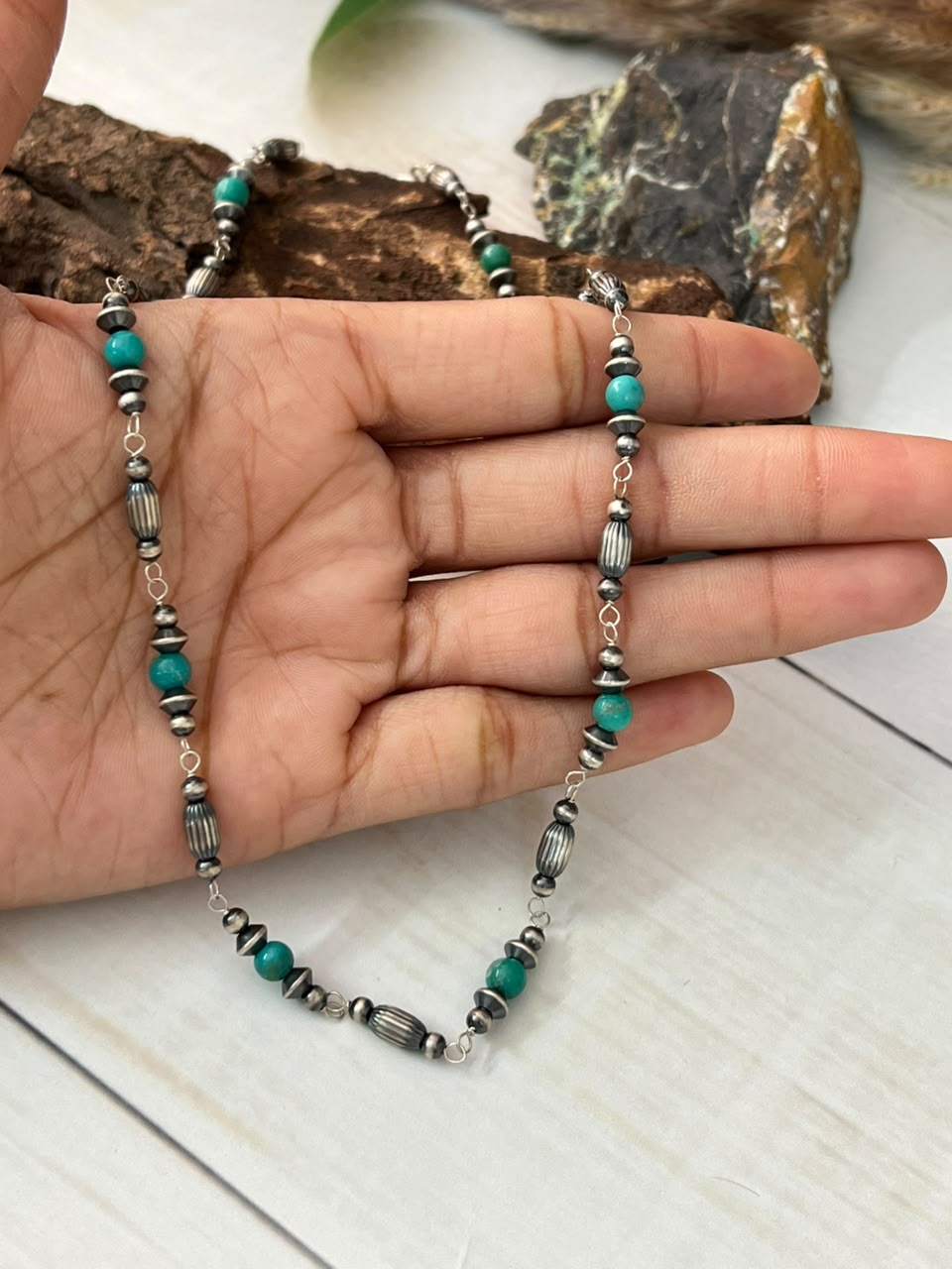 Handmade Sterling Silver Kingman Turquoise Beaded Necklace Signed Nizhoni