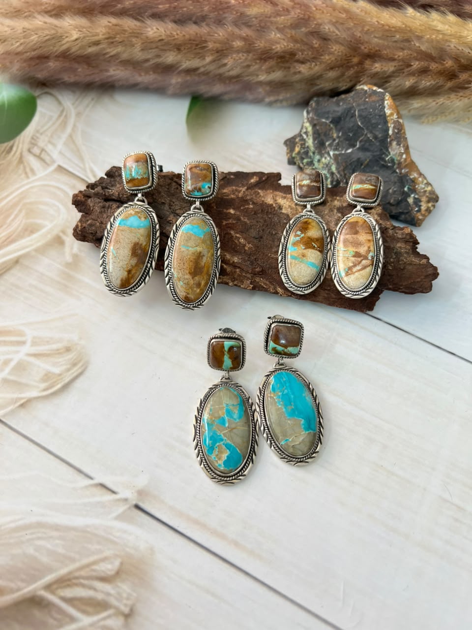 Handmade Sterling Silver Royston Ribbon Turquoise Collection: Post Dangle Earrings Signed Nizhoni