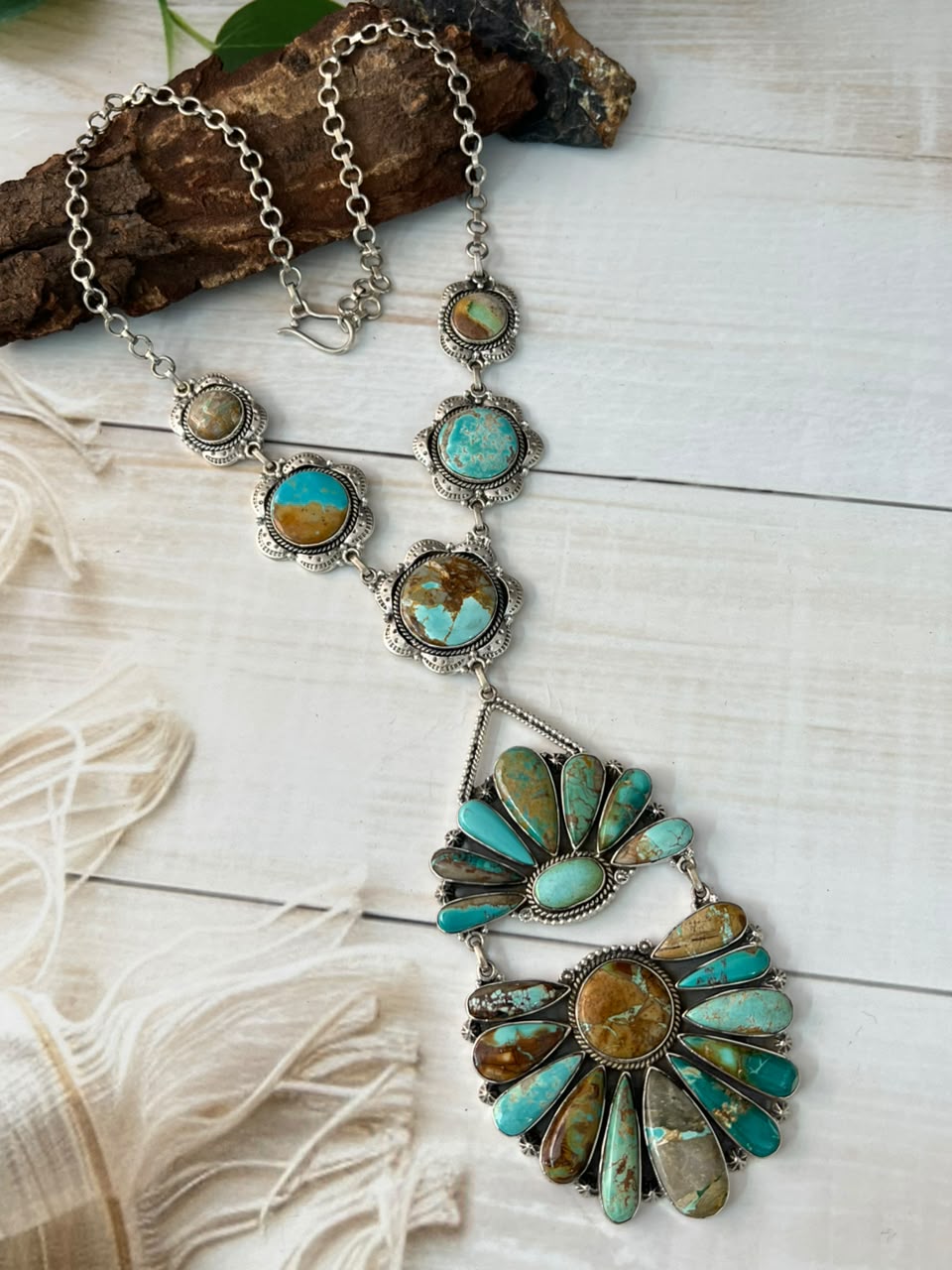 Handmade Sterling Silver Royston Ribbon Turquoise Collection: Drop Necklace Signed Nizhoni