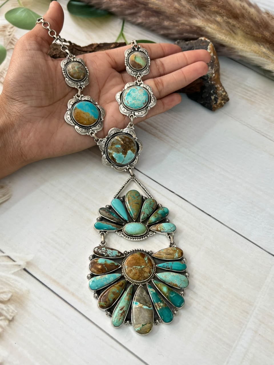 Handmade Sterling Silver Royston Ribbon Turquoise Collection: Drop Necklace Signed Nizhoni