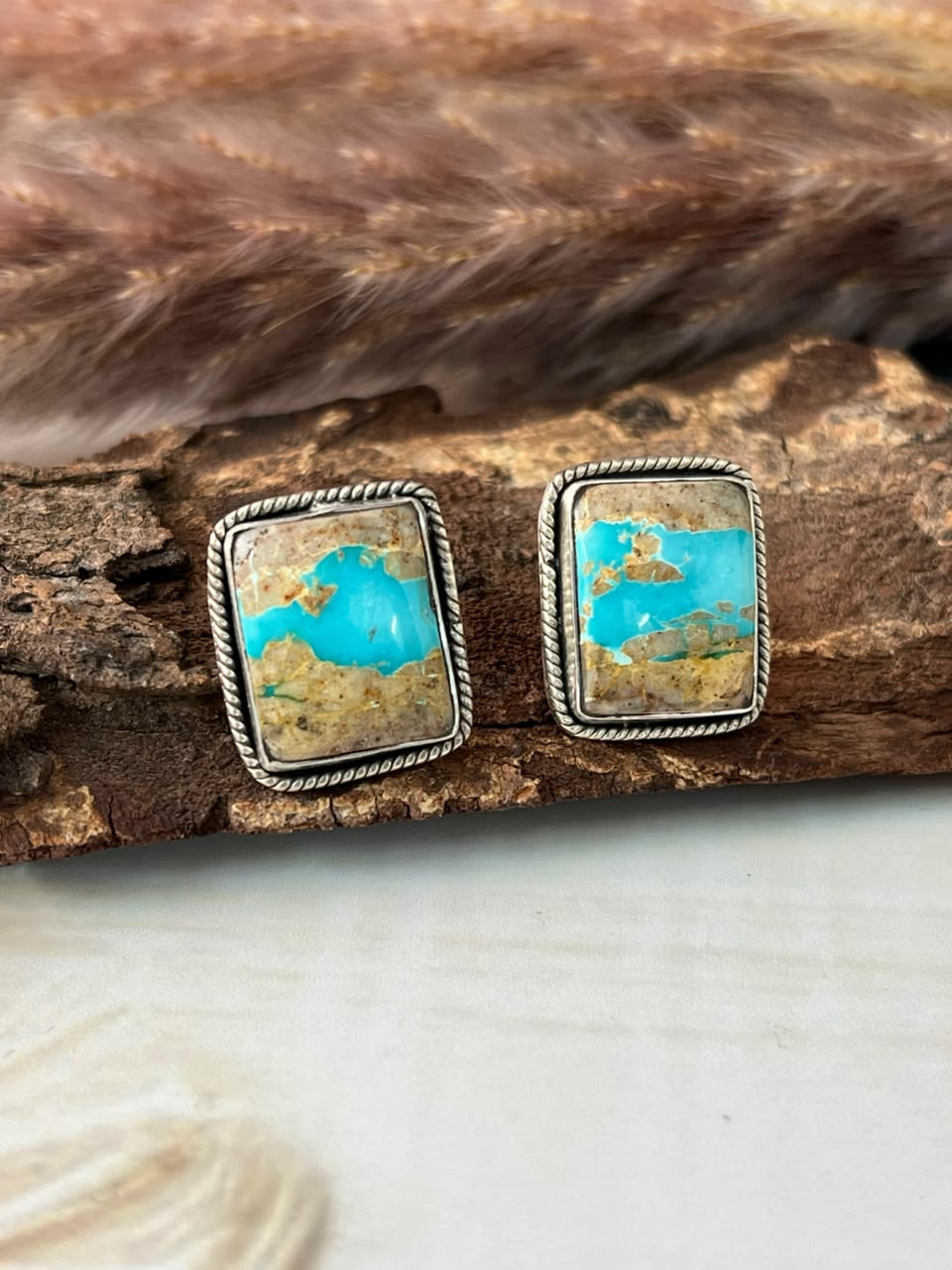 Handmade Sterling Silver Royston Ribbon Turquoise Collection: Post Studs Earrings Signed Nizhoni