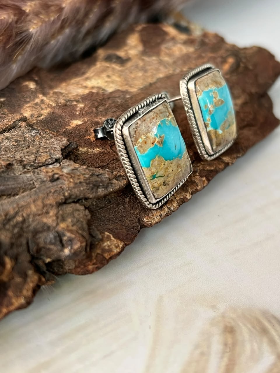 Handmade Sterling Silver Royston Ribbon Turquoise Collection: Post Studs Earrings Signed Nizhoni