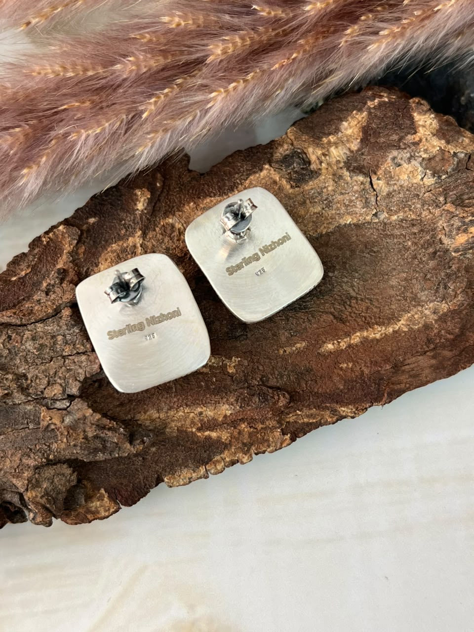 Handmade Sterling Silver Royston Ribbon Turquoise Collection: Post Studs Earrings Signed Nizhoni
