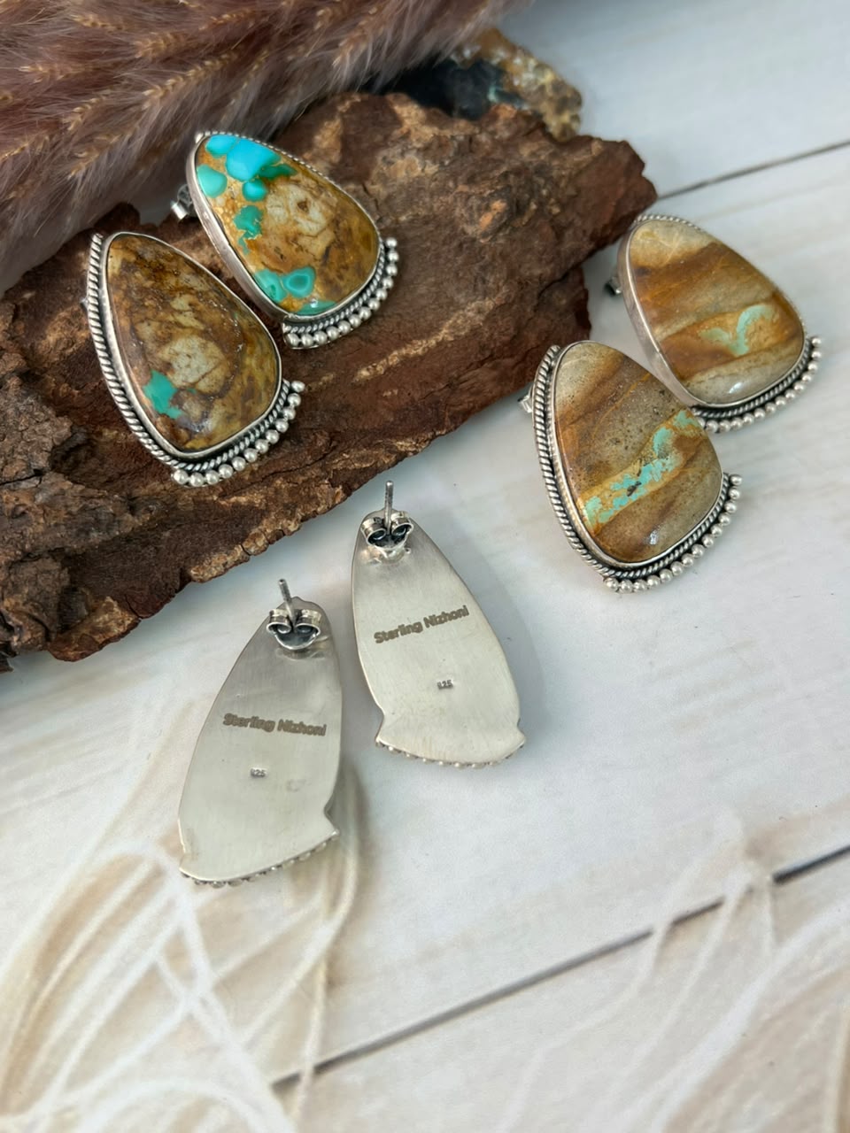 Handmade Sterling Silver Royston Ribbon Turquoise Collection: Post Studs Earrings Signed Nizhoni