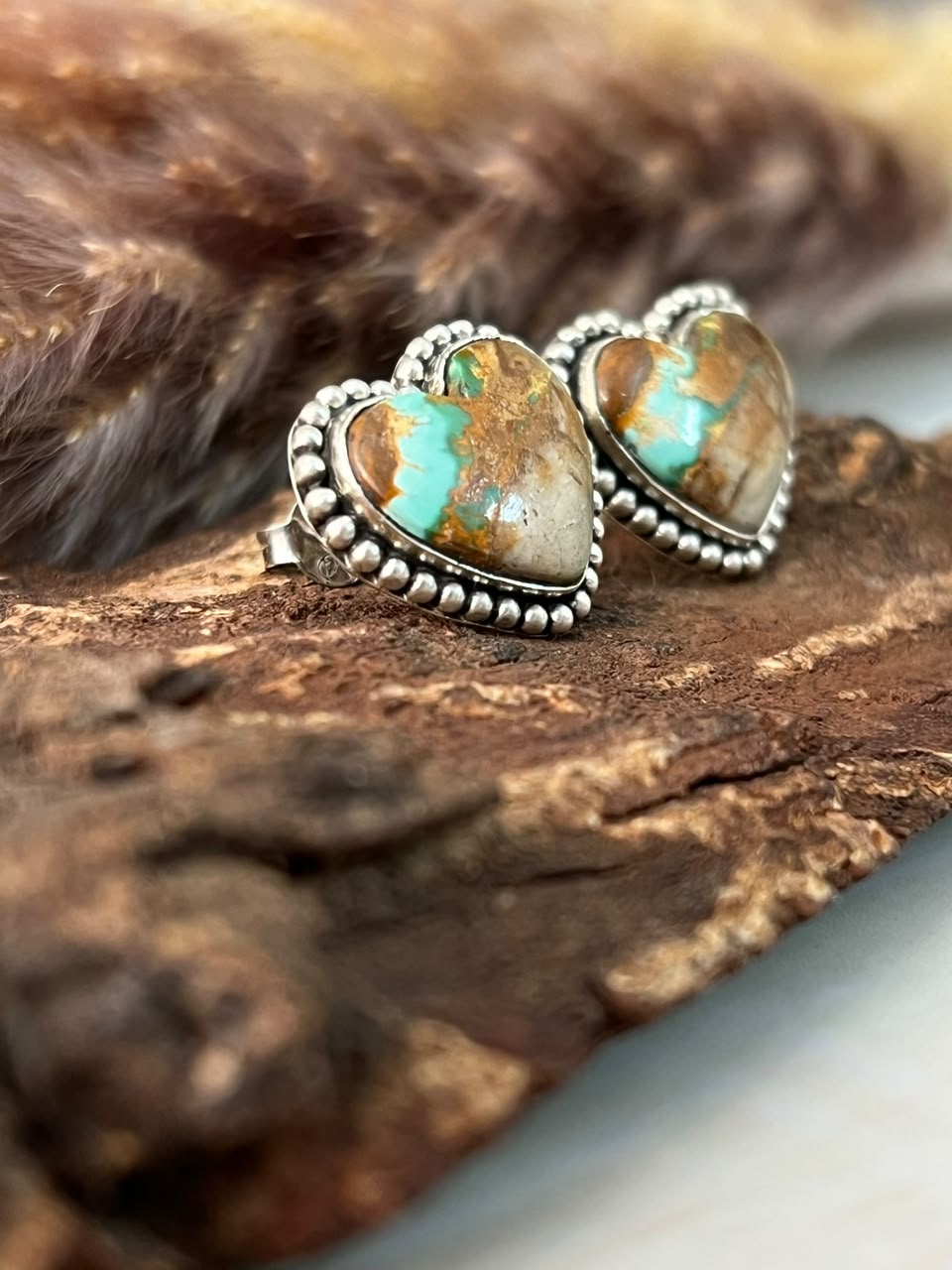 Handmade Sterling Silver Royston Ribbon Turquoise Collection: Heart Post Studs Earrings Signed Nizhoni
