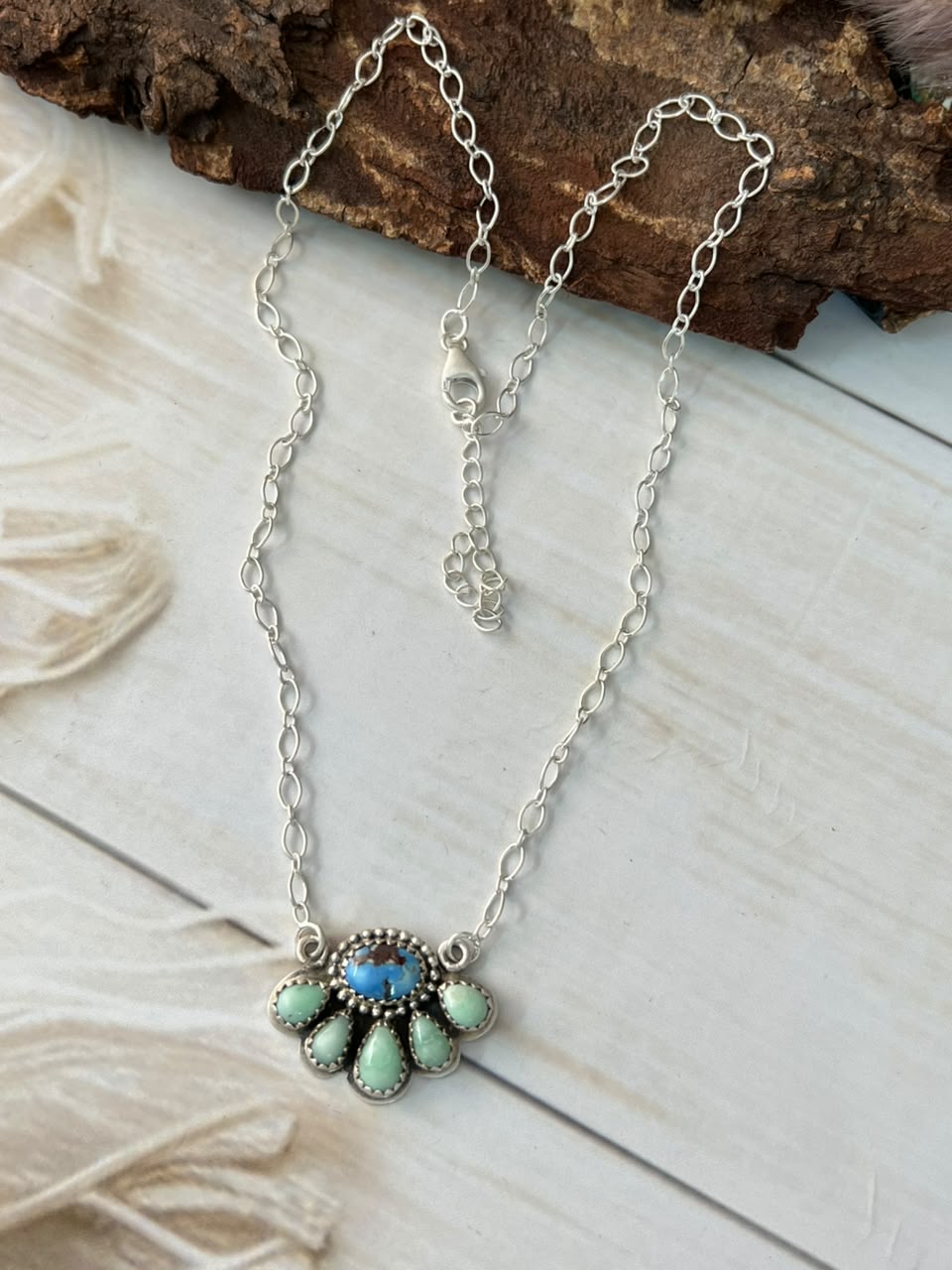 Handmade Sterling Silver Paloma with Golden Hills Turquoise Necklace Signed Nizhoni