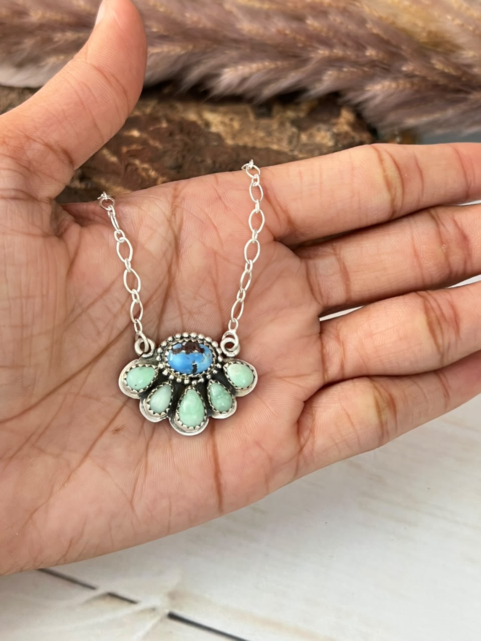 Handmade Sterling Silver Paloma with Golden Hills Turquoise Necklace Signed Nizhoni