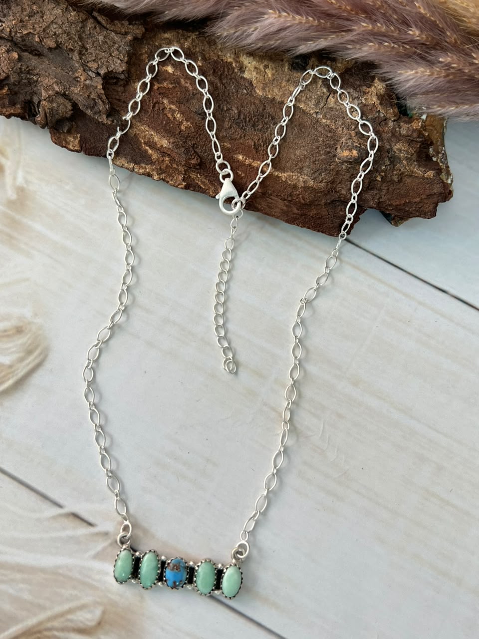 Handmade Sterling Silver Paloma with Golden Hills Turquoise Necklace Signed Nizhoni