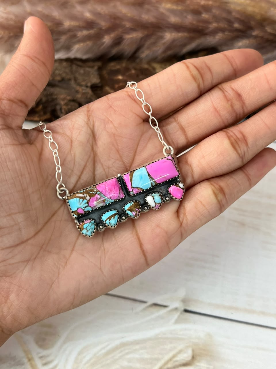 Handmade Sterling Silver Cotton Candy Necklace Signed Nizhoni