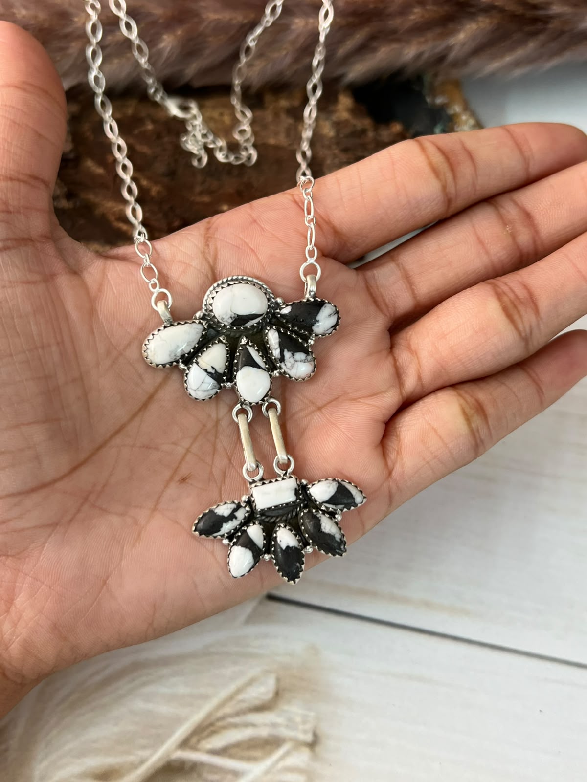Handmade Sterling Silver White Buffalo Necklace Signed Nizhoni