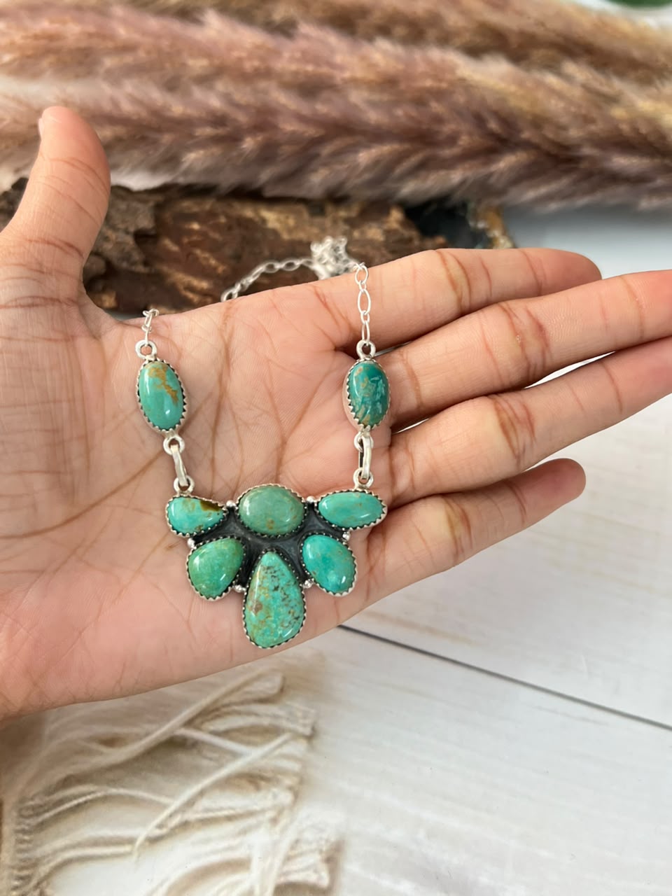 Handmade Sterling Silver Pilot Mountain Turquoise Necklace Signed Nizhoni