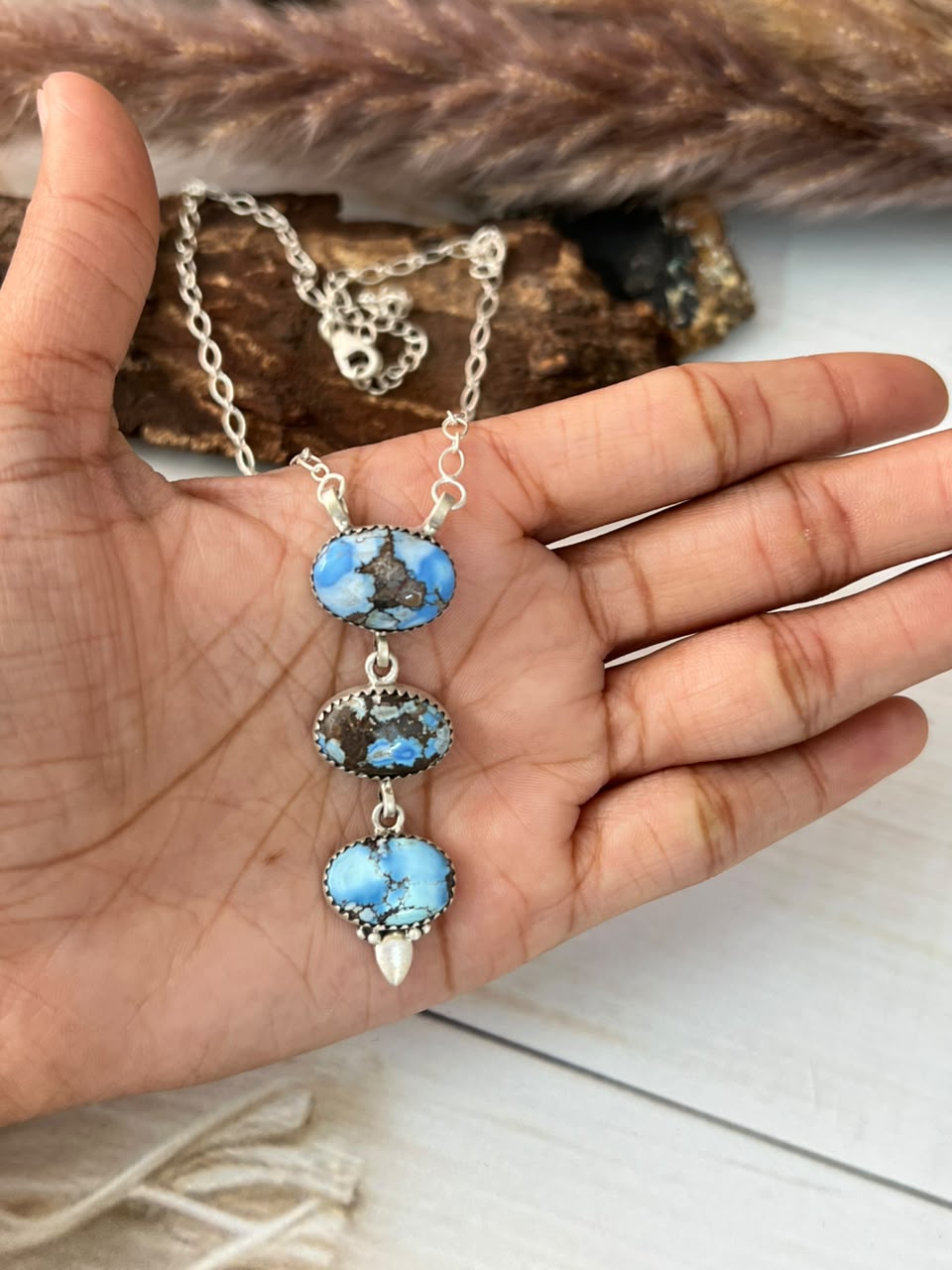 Handmade Sterling Silver Golden Hills Turquoise Necklace Signed Nizhoni