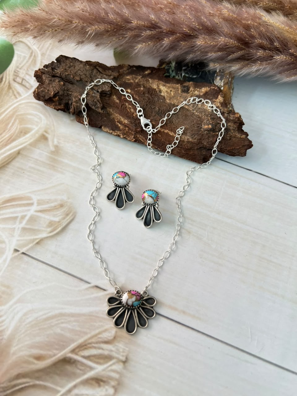 Handmade Sterling Silver Cotton Candy Necklace and Earrings Set Signed Nizhoni