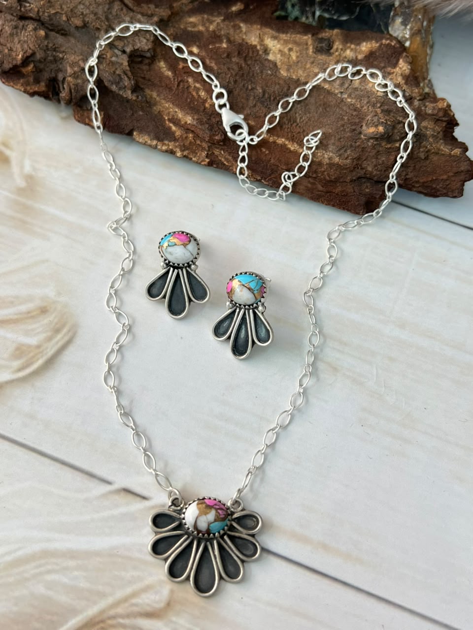 Handmade Sterling Silver Cotton Candy Necklace and Earrings Set Signed Nizhoni
