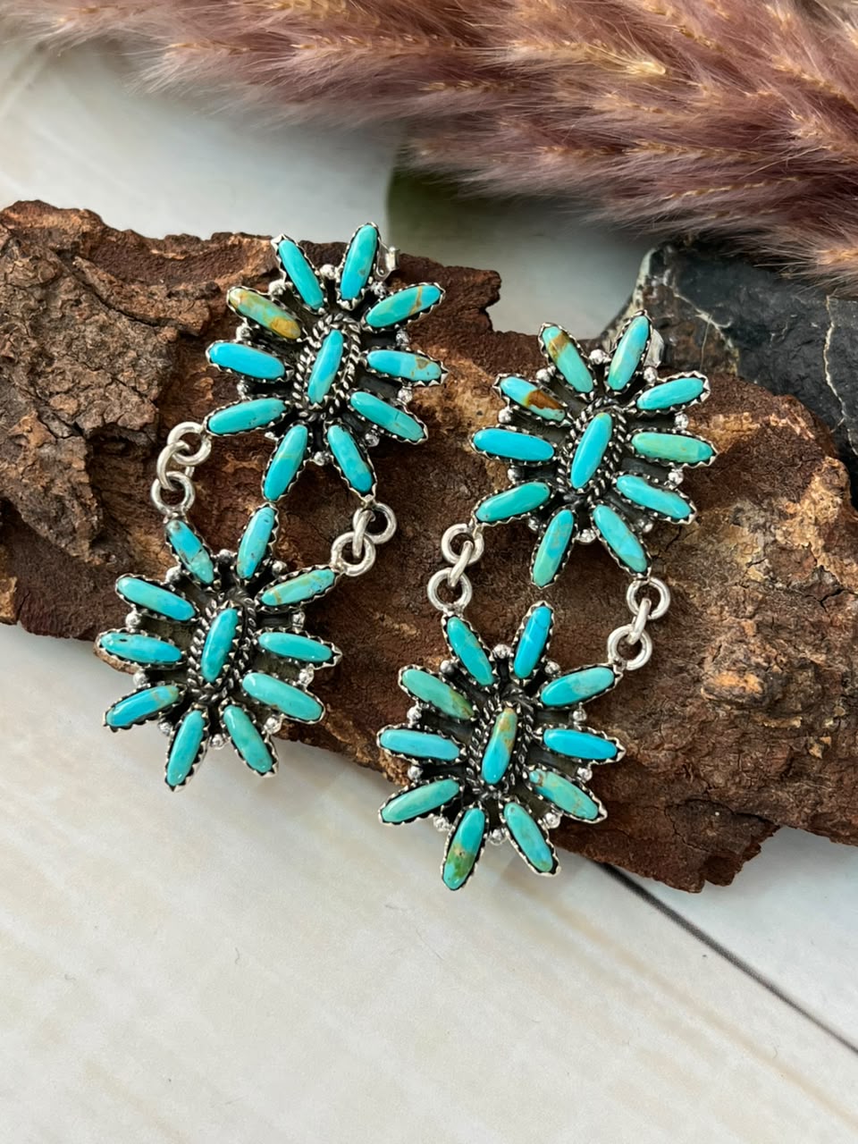 Handmade Sterling Silver Kingman Turquoise Post Dangle Earrings Signed Nizhoni