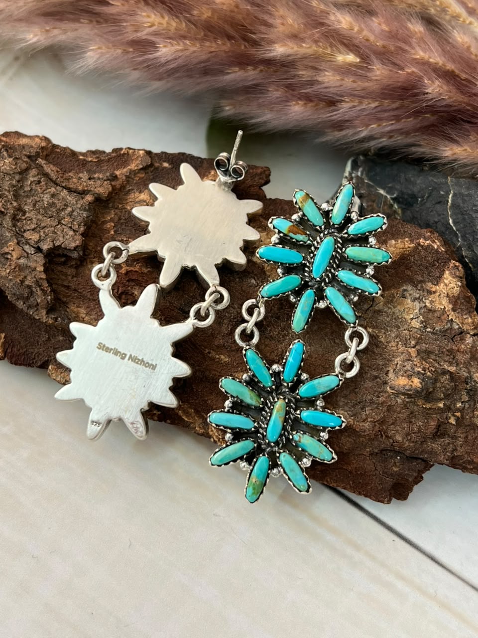 Handmade Sterling Silver Kingman Turquoise Post Dangle Earrings Signed Nizhoni